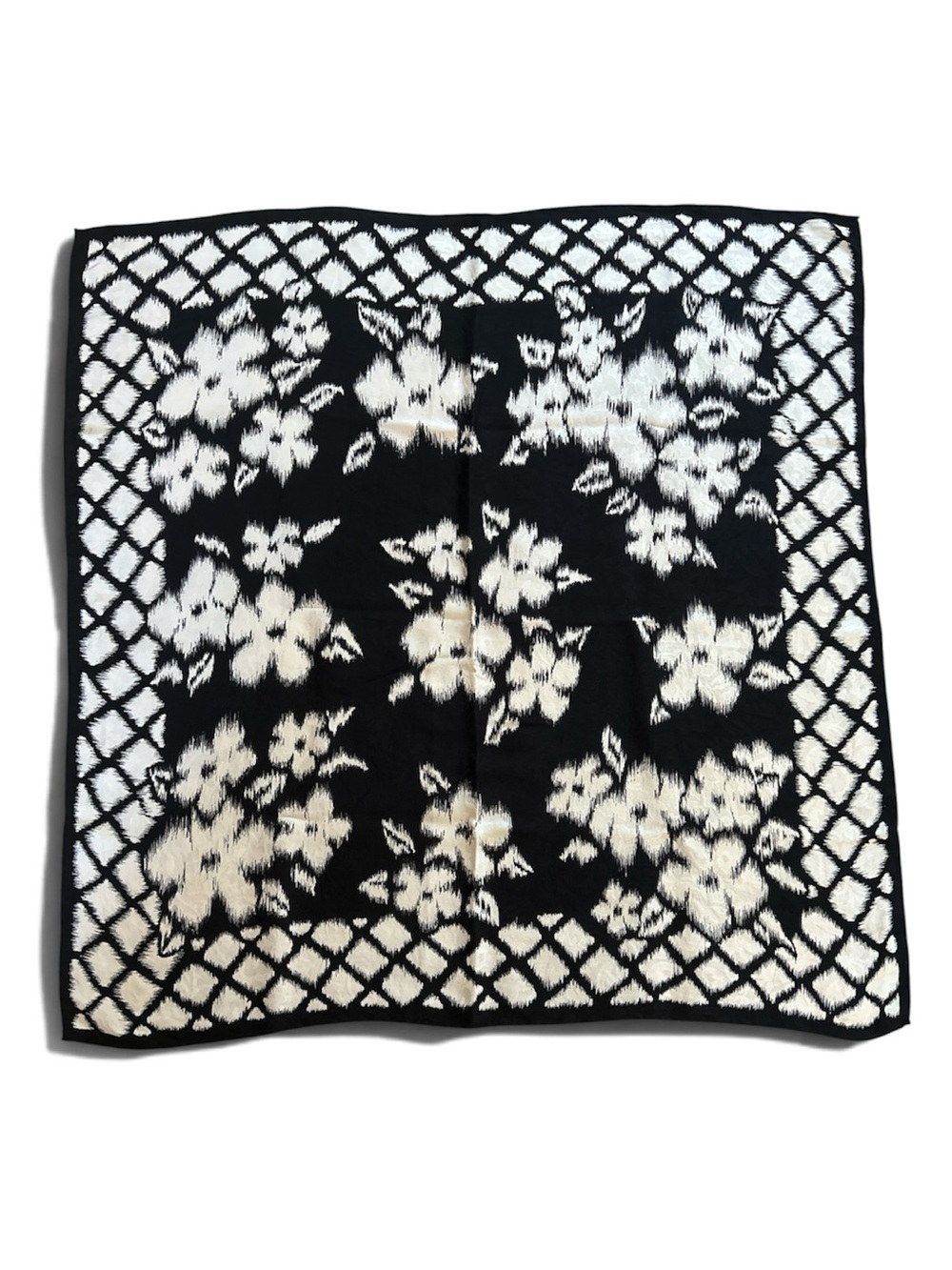 Black and White Floral Silk Scarf 34” Square